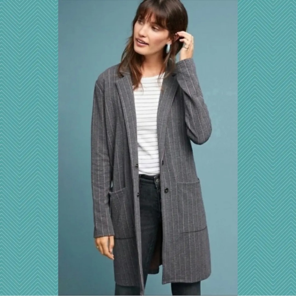 Anthropologie Harlyn Morganne Gray Pinstripe Long Blazer S